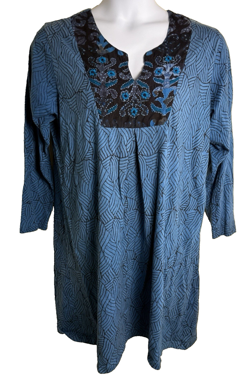 Marketplace Handwork of India Boho Cotton Block Print Dress Large Blue Festival